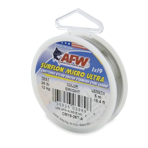American Fishing Wire Surflon Micro Ultra Nylon Coated 1x19 Stainless Steel Leader Wire - Knottable Fishing Leaders Saltwater & Fly Fishing, 6lb Test - 61lb Test, Bright, Black & Camo Colors - color: Bright, style: 5 Meter, 26 Pound Test