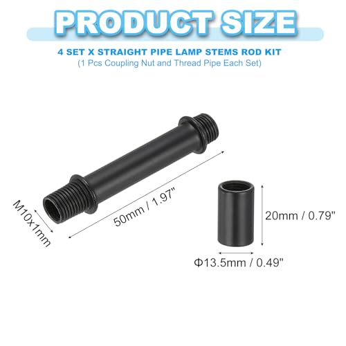 PATIKIL Straight Pipe Lamp Stems Rod Kit, 4Set M10 Carbon Steel 50mm(1.97") Long Double End Thread Rod with Coupling Nuts Sleeve Connector for Table Lamps Chandeliers, Black - color: Black, size: 50mm(1.97")