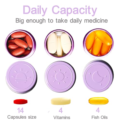 Extra Small Single Pill Box for Purse (3 Pack), Aluminum Screw Top Pill Container, 3 Times a Day Portable Waterproof Single Pill Case for Vitamins, Fish Oils, Supplements (Light Purple) - color: Light Purple