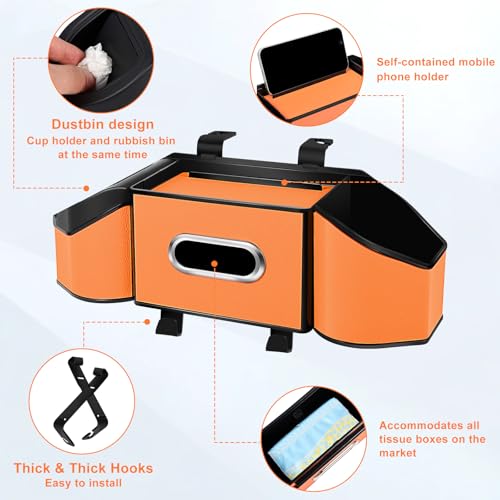7-In-1 Car Seat Back Organizer with Cup Holders, Tissue Box, Garbage Can&Hooks, Multifunctional Headrest Storage Organizer, Headrest Cup Holder for Backseat, Car Accessories for Trips, Travels(Orange) - color: Orange