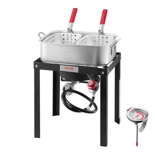 VEVOR 18 Qt Fish and Wing Fryer with Double Basket, Aluminum Propane Fish Fryer Kit, Outdoor Deep Fryer Seafood Pot with Thermometer and 58,000 BTUs Propane Burners, for Outdoor and Backyard Cooking - style: 18-qt