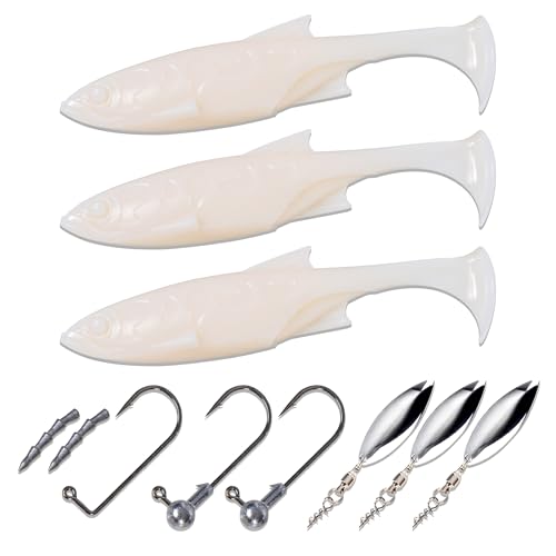 Paddle Tail Swimbaits Set, Ultra Soft PVC，Freshwater & Saltwater Ready, Includes Hooks, Weight & Spinnerbait Blades，Fishing Gear for Bass and Predator Fish - color: White