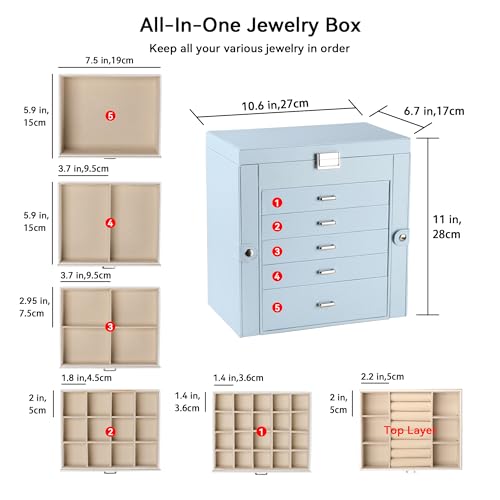 Frebeauty Large Jewelry Box,6-Tier PU Leather Jewelry Organizer,Multi-functional Storage Case with Mirror,Accessories Holder with 5 Drawers for Necklace Bracelets Watches(Sky Blue) - color: Sky Blue, size: Large