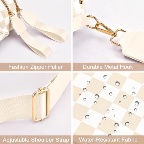 Checkered Nylon Crossbody Bag Bum Bag for Women Mom Large Checkered Fanny Packs with Adjustable Strap - color: Beige Checkered