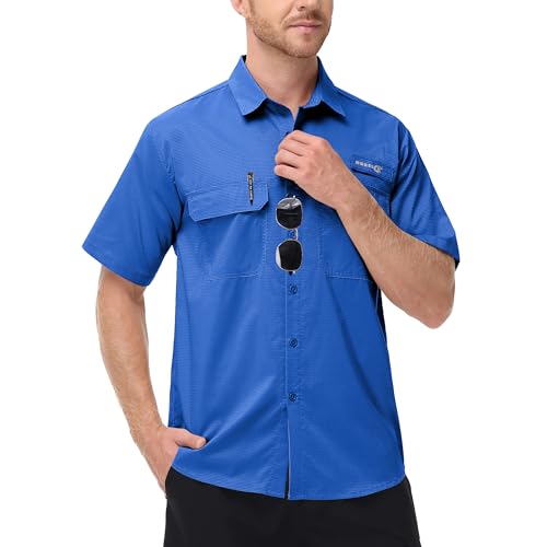 Satankud Fishing Shirts for Men Short Sleeve Sun Protection Cooling Hiking Shirt for Travel Safari Camping Work - color: Dark Blue, size: Medium