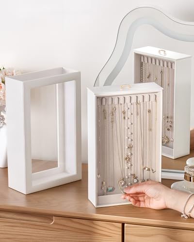 Lolalet Upgraded Double-Sided Hanging Necklace Organizer Box, Jewelry Display Case with Double-Sided Clear Window for Necklaces Bracelets, Tangle-Free Necklace Storage Box, White, 1-Layer 20 Hooks - color: White, size: 1-Layer, 20 Hooks