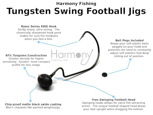 Harmony Fishing - Tungsten Swing Football Jigs [Pack of 3 w/ 10 Bait Pegs] (Swinging Football/Rugby jigs with Hooks for bass Fishing) - size: 3/8 oz, 3/0 Hook (3 Pack)