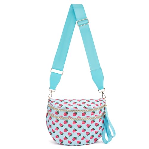 Crossbody Bags for Women, Spacious Nylon Belt Purse Fanny Packs, Crescent Oversized Checkered Bum Bag (Strawberry Print - Blue) - color: Strawberry Print - Blue