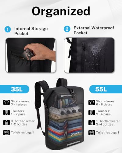 Gonex Waterproof Ultralight TPU Backpack 55L Roll Top Dry Bag, Kayaking | Back Padding, Camping, Fishing, Travel, Adjustable Straps, External & Internal Storage Pockets, Black - color: Black, size: 55L