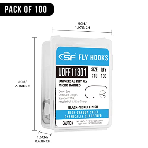 SF Fly Tying Hooks Ultra Sharp High Carbon Steel for Nymphs Wet Traditional Dry Streamers Eggs Jig Poppers Emergers Terrestrial Flies with Mini Box 100Pcs - size: #10 Black Nickel 100Pcs, style: Universal Dry Fly Micro Barbed