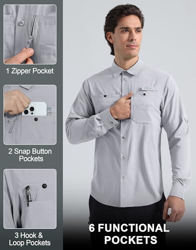 Pioneer Camp Men's Sun Protection Fishing Shirts UPF50+ Long Sleeve UV Quick Dry Cooling Shirts for Travel Camping Hiking - color: Light Gray, size: X-Large