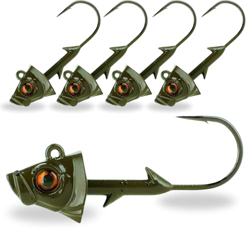 Reaction Tackle Swimbait Jig Heads with Weighted Hook - Realistic Fish Head Lures for Bass and Walleye - Soft Plastic Swimbait Heads for Freshwater and Saltwater (5-Pack) - color: Green Pumpkin, size: 3/8 Oz