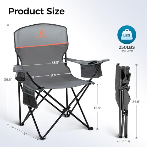 ALPHA CAMP 2-Pack Camping Chair with Cooler Bag, Heavy Duty 250lbs Capacity Folding Chair with Lumbar Support & Side Pocket, Portable Quad Chairs for Beach Fishing Tailgating & Sideline Sport - color: Light Gray