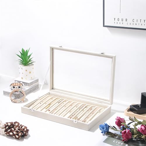 Coward 14 Hooks Necklace Storage Tray, Velvet Neckalce Organizer Box with Clear Lid, Pendant Chain Necklace Jewelry Organizer Drawer Tray for Women Girls (Beige) - color: Beige