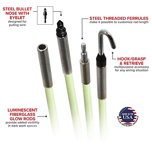 Jameson Glow Fish Rod Kit, 1/4 in x 12 ft – Non-Conductive Fiberglass Glow Rod for Running Wires through Ceilings, Walls, Floors, Attics – Includes Bullet Nose with Eyelet, Hook, and Storage Tube