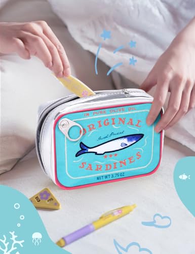 Cessfle Canned Sardines Makeup Bag, Funny Sardine Tin Fish Cosmetic Bag, Creative Cute Makeup Bag Kawaii Pencil Case Pouch, Coquette Make up Pouch for Women… - color: Blue mix Pink