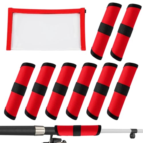 9PC Fishing Hook Covers Set,8 Red Lure Wraps for Fishing Rod and 1 Clear PVC Lures Protector,Fishing Lure Wraps,Bait Storage Protector Easily See Bait Glove to Keep Fishermen Safe