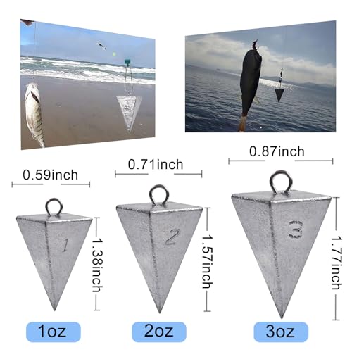 SIWIRIOM Pyramid Sinkers for Surf & Saltwater 6 Pack Fishing Weights Lead Sinkers with Slider Universal Connectors, Fishing Weights Assortment Kits Fishing Gear Tackle 1oz 2oz 3oz - size: 2oz-6pcs
