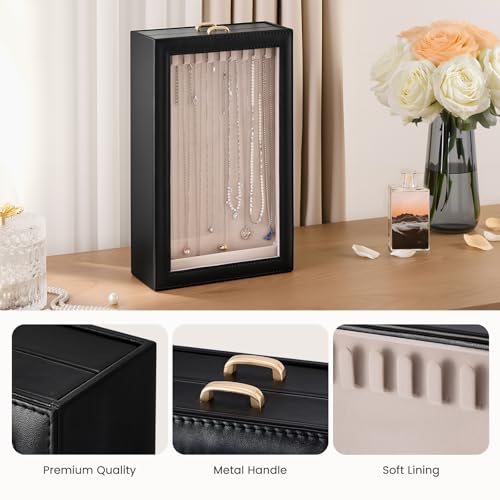 Lolalet Necklace Organizer Box, Jewelry Storage Box with Clear Window for Necklaces Bracelets, Tangle-Free Necklace Display Case for Women Girls, Black, 2 Layers 20 Hooks - color: Black, size: 2 Layers, 20 Hooks