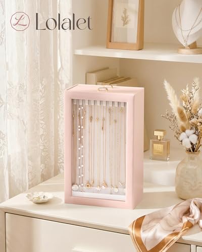 Lolalet Upgraded Double-Sided Hanging Necklace Organizer Box, Jewelry Display Case with Double-Sided Clear Window for Necklaces Bracelets, Tangle-Free Necklace Storage Box, Pink, 2-Layer 40 Hooks - color: Pink, size: 2-Layer, 40 Hooks