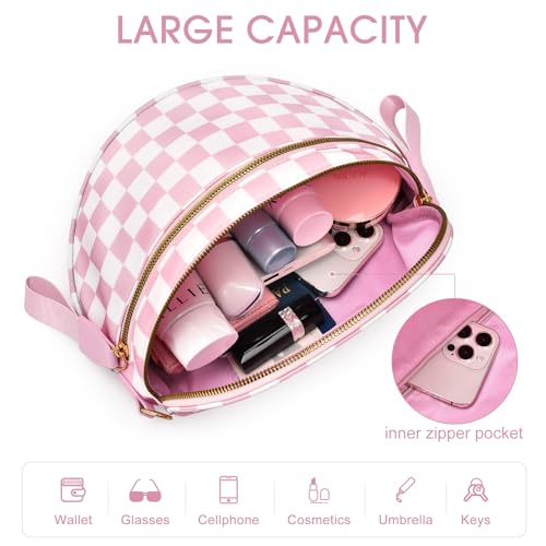 Checkered Nylon Crossbody Bag Bum Bag for Women Mom Large Checkered Fanny Packs with Adjustable Strap - color: Pink Checkered