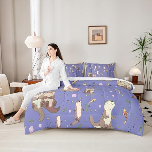 Erosebridal Lap Otter Comforter Set with Sheets Twin Size Cartoon 7-Piece Bedding Set for Kids Boys Girls Sea Otters Kawaii Cartoon Natural Animal Beige Dark Blue Lightweight Bed in A Bag - color: Beige Dark Blue, size: Twin