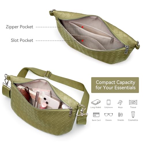KALIDI Woven Crossbody Bags for Women Travel Vegan Leather Fanny Packs for Woman Cross Body Purse Fashion Belt Bum Bag with Wide Strap - color: Grass Green