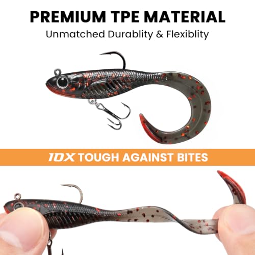 TRUSCEND Duramax TPE Soft Fishing Lures with BKK Hooks, Easy Catch Curly & T-Tail for Trembly Sinking & Vibrating Swim, UV or Glow Effect for All Conditions, Pre-rigged Swimbait for Bass Trout Crappie - color: A-2.5"-1/8oz