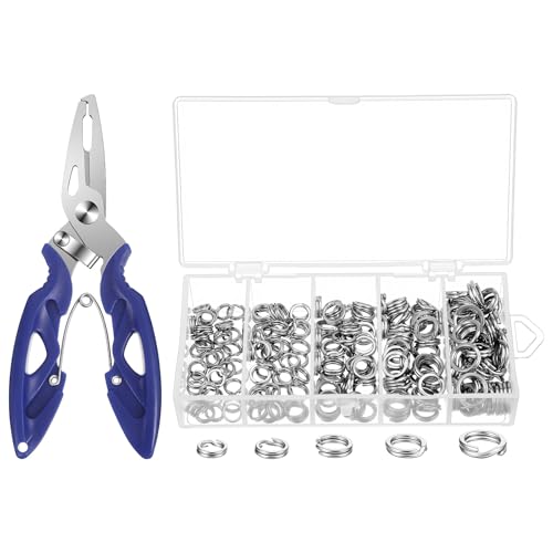 200 Pcs Fishing Stainless Steel Split Rings, 5 Sizes with Split Ring Pliers, Heavy Stainless Steel Splits Ring for Fishing and Lure Making, Saltwater Ready