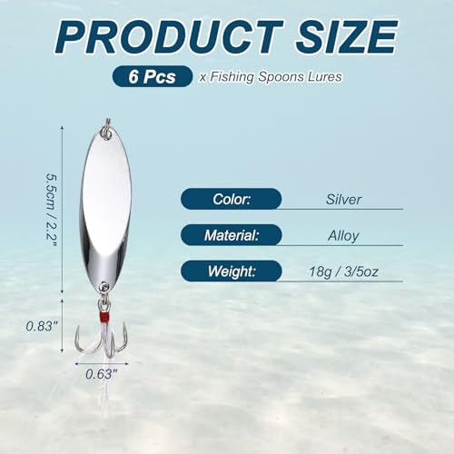 Fishing Spoons Lures Metal Saltwater Treble Trout Lures Jigging Spoon with Treble Hooks Spinner Baits for Freshwater - color: Silver, size: 18g / 3/5oz