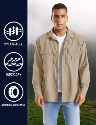 TACVASEN Fishing Shirt for Men, Long Sleeve Shirt Quick Dry Fit, Tactical Shirt Button Up, Work Shirt Lightweight Safari - color: Khaki, size: XX-Large