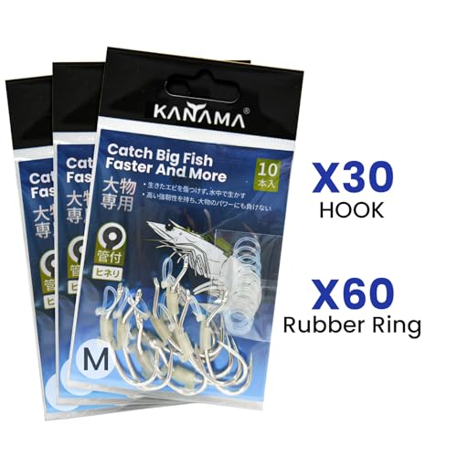 KANAMA Luminous Live Shrimp Hooks - High Carbon Steel Fishing Hooks Saltwater Corrosion Resistant Barbed Strong Hooks Freshwater Shrimp Walker, Ideal for Bass, Groupers, Pike, Catfish & More - size: M ×30