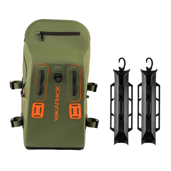 YakAttack 28L DryPak Waterproof Backpack with 2 Attachable Fishing Rod Holders – Green/Orange | Floating Marine Dry Bag Pack with Padded Straps | Lightweight Hiking & Kayaking Gear & Storage Drybag - color: Green/Orange, style: Drypak With Tether Tubes