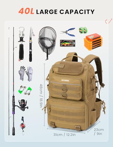 SKYSPER Tackle Backpack Fishing Bags with Rod Holder, 40L Water-Resistant Tackle Box Storage Bag for Fishing Gear Lures(Khaki) - color: Khaki