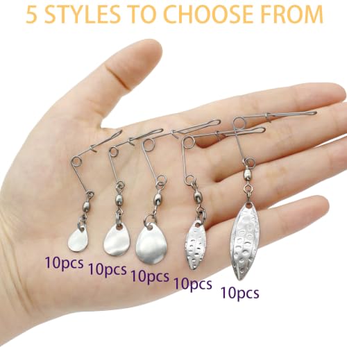 50PCS Fishing Spinner Blades Rigs Fishing Spinnerbait Smooth Spoons Kit,Replacement Accessories for Colorado Blade Making Spinner Shaft Bass Fishing Lures - color: 50Pcs Mixed Silver