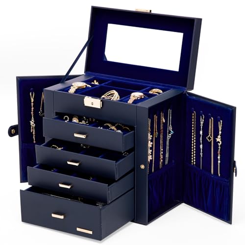 Homde Synthetic Leather Huge Jewelry Box Mirrored Watch Organizer Necklace Ring Earring Storage Lockable Gift Case (Dark Blue + Gold) - color: Dark Blue + Gold