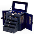 Homde Synthetic Leather Huge Jewelry Box Mirrored Watch Organizer Necklace Ring Earring Storage Lockable Gift Case (Dark Blue + Gold) - color: Dark Blue + Gold