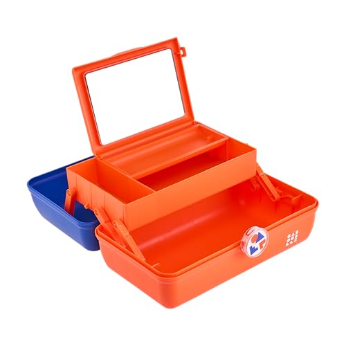 Caboodles School Spirit On-The-Go Girl Makeup Box, Blue Over Orange, Hard Plastic Makeup Organizer Box, Built-In Mirror, Secure Latch for Safe Travel, Spacious Storage for Large Items - color: Blue Orange School Spirit