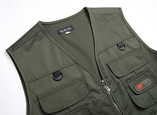 Men’s Fishing Vest Summer Outdoor Work Safari Travel Photo Vest with Multi Pockets - color: Army Green, size: Large