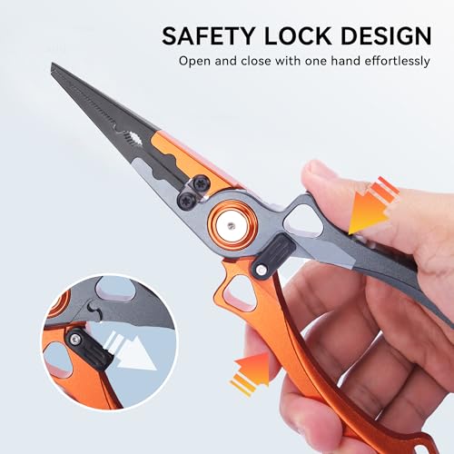 Fishing Pliers Hook Remover, Saltwater Split Ring Pliers with Safety Lock, Fishing Gear with Sheath and Lanyard, Fishing Gifts for Men - color: Orange