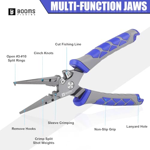 Booms Fishing Pliers Hook Remover: 7.5" Split Ring Pliers and Fish Hook Remover for Saltwater and Freshwater - Braid Line Cutter & Crimper with Lanyard - XW15 Multi-Function Fishing Tool for Angles - style: 7.5" fishing pliers
