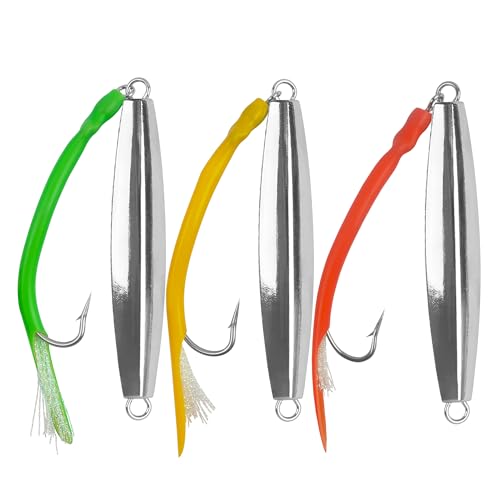 Diamond Jigs Saltwater Fishing Lures,Casting Jigging Spoon with Split Tube Tail Stainless Steel Hook Metal Jig Spoon Baits for Deep Sea Offshore Surf Fishing Bottom Sinking - color: 3pcs-3 Colors Mixed, size: 4oz