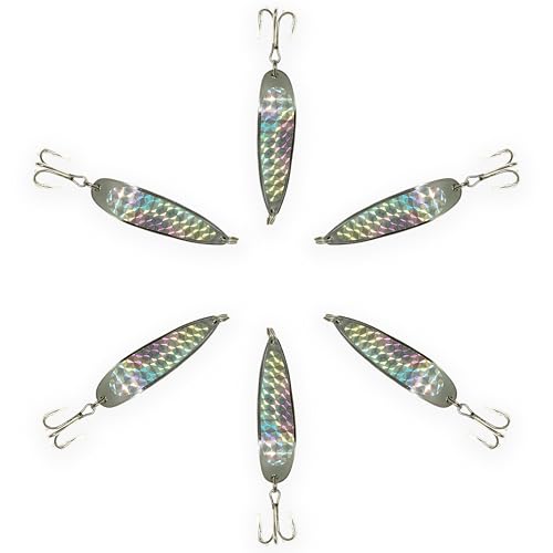 Crocodile Spoon Fishing Lures 1oz, 6 Pcs Silver Chrome with Treble Hooks, for Saltwater & Freshwater Fishing, Includes Sharp Hook Setup, Ideal for Tuna, Trout, Bass, Walleye, Halibut & More