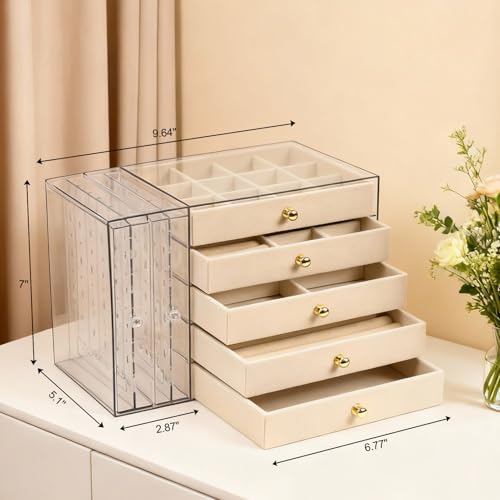 Greenfeather Jewelry Organizer and Storage with 7 Removable Drawers, Clear Acrylic Jewelry Box with 16 Necklace Hooks 48 Pairs of Earring Holes 5 Velvet-Lined Drawers for Rings Bracelets Necklaces - color: Off-White-Style B