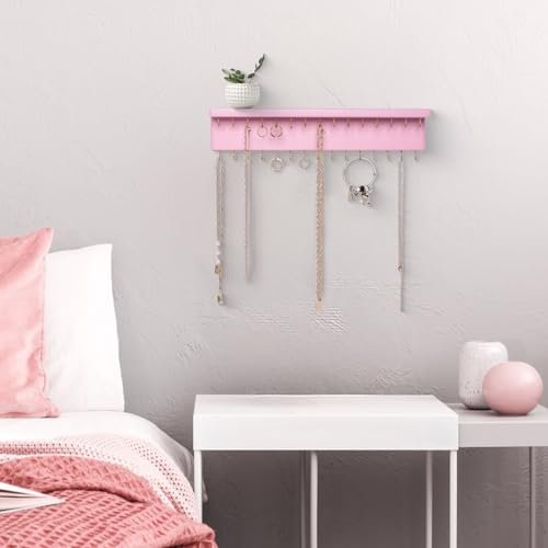 SANY DAYO HOME Pink Necklace Holder Jewelry Organizer with 30 Hooks, 15 x 3 x 4 inches Wall Mount Rustic Pine Wood Shelf for Necklace, Hair Bow Storage - color: 30 Hooks, Pink