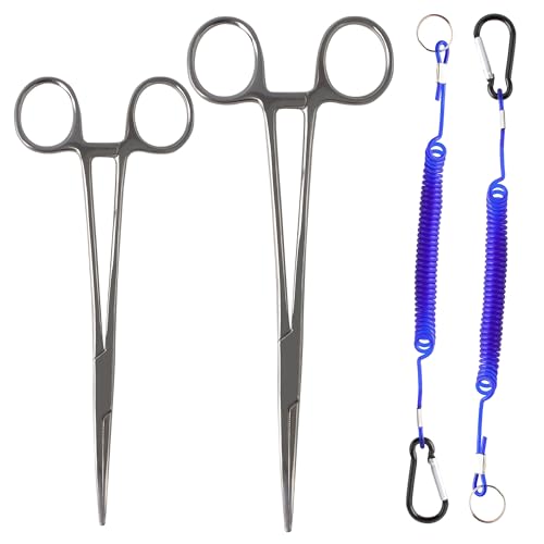Fishing Forceps Set Hook Remover with Anti Loss Lanyards 2 Pack | Stainless steel fishing hemostats with serrated tips locking clamp for fly fishing kayak boat freshwater saltwater use trout