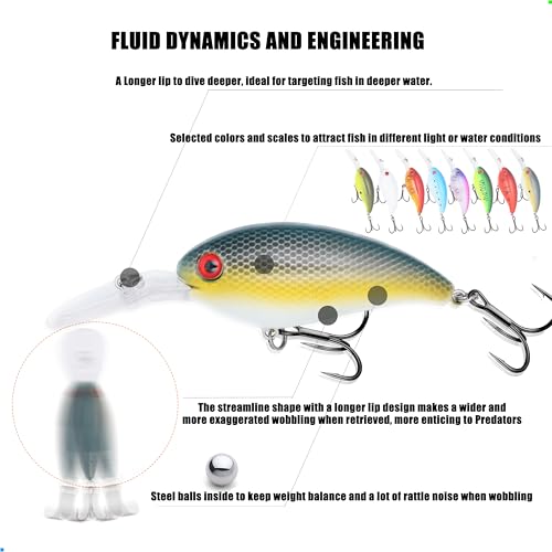 EXAURAFELIS Diving Crankbait Lures Fishing Gear Fishing Lure for Saltwater Freshwater swimbaitsfor Bass Trout Crappie Walleye Pike Bluegill Salmon Fishing Gifts for Fisherman
