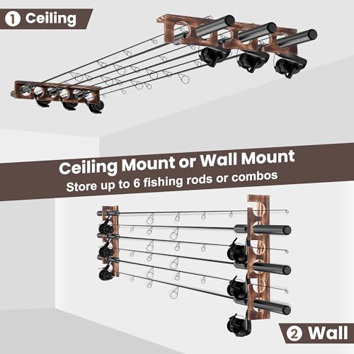 Wooden fishing rod holder Wall or Ceiling Mount – Holds Up to 6 Rods or Combos, Fishing Pole Holder for Garage, Boat, Cabin & Tackle Storage Organization