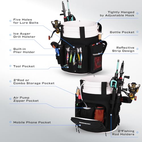 Boomistry Fishing Bucket Organizer for 5 Gallon Bucket, Black | 15 Multi-Pockets, 4 Built-in Rod Holder Storage, 3 Adjustable Buckles, for All Fishing Gear & Tackle Accessories - color: Black