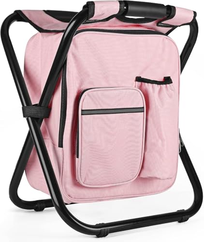 Kikerike Backpack Stool Cooler Chair Heavy Duty 300 LBS Max Load Portable Lightweight Stool Backpack Folding Fishing Cooler Seat for Camping Hunting Fishing - color: Pink